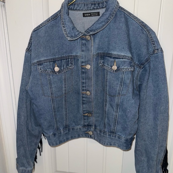SHEIN Jean Jacket Blue and Black with Fringe and Animal Print - Picture 13 of 13